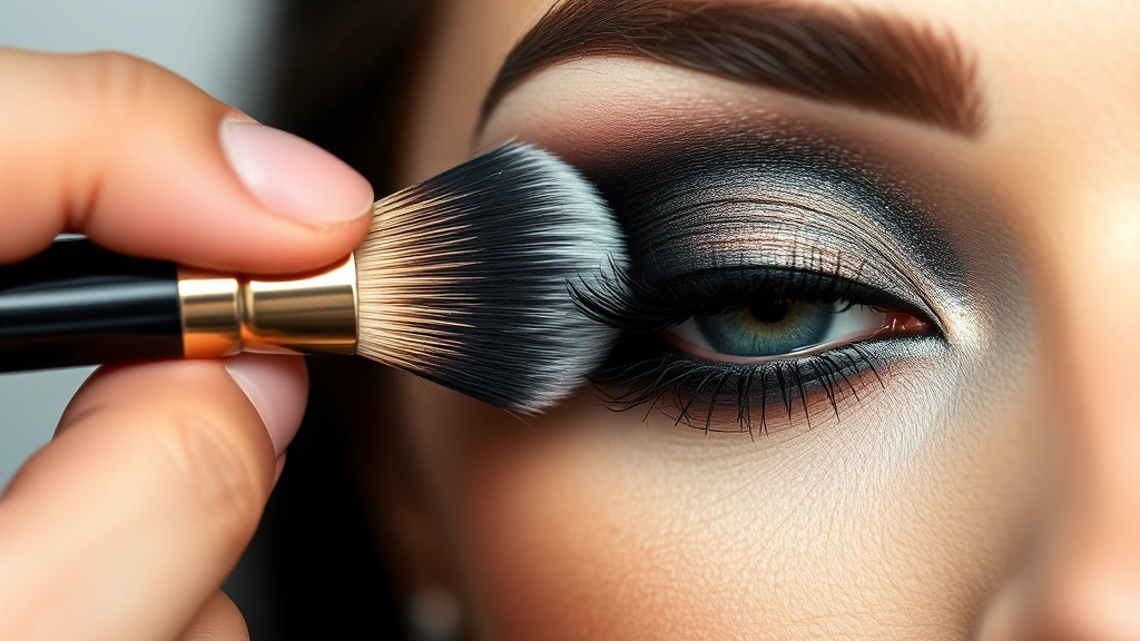 Professional makeup artist applying a perfectly blended smokey eye with charcoal and black eyeshadow using a dense blending brush, close-up of the eye with gradient technique visible