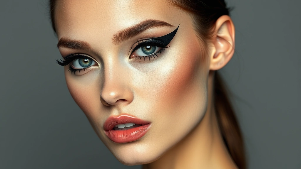 Beauty model with bold graphic black eyeliner creating sharp winged cat-eye look, well-defined structured eyebrows, and nude matte lip color, professional editorial makeup