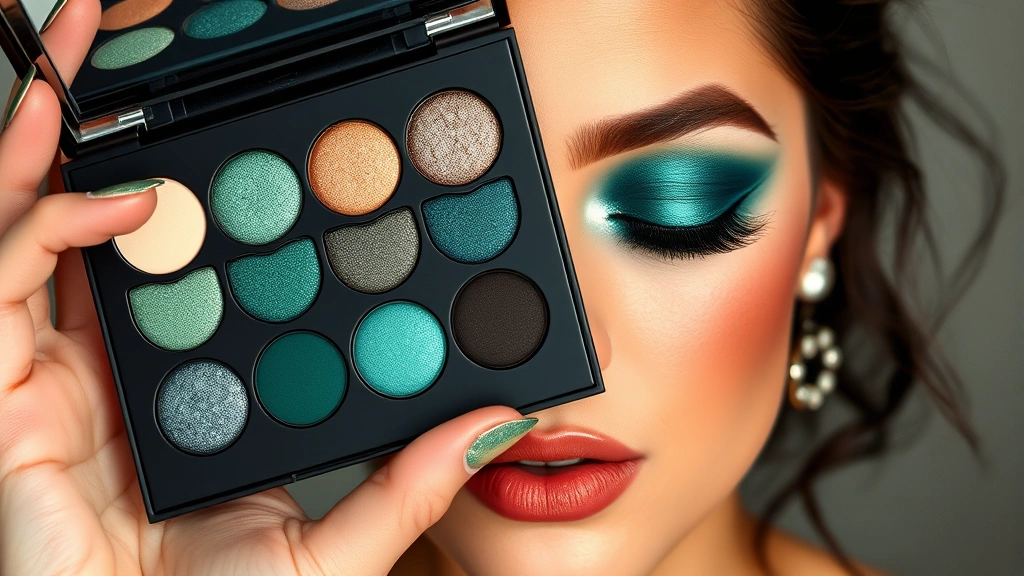 Makeup artist's hand holding jewel-tone emerald green metallic eyeshadow palette with multiple shimmer and matte finishes, demonstrating rich saturated color pigmentation