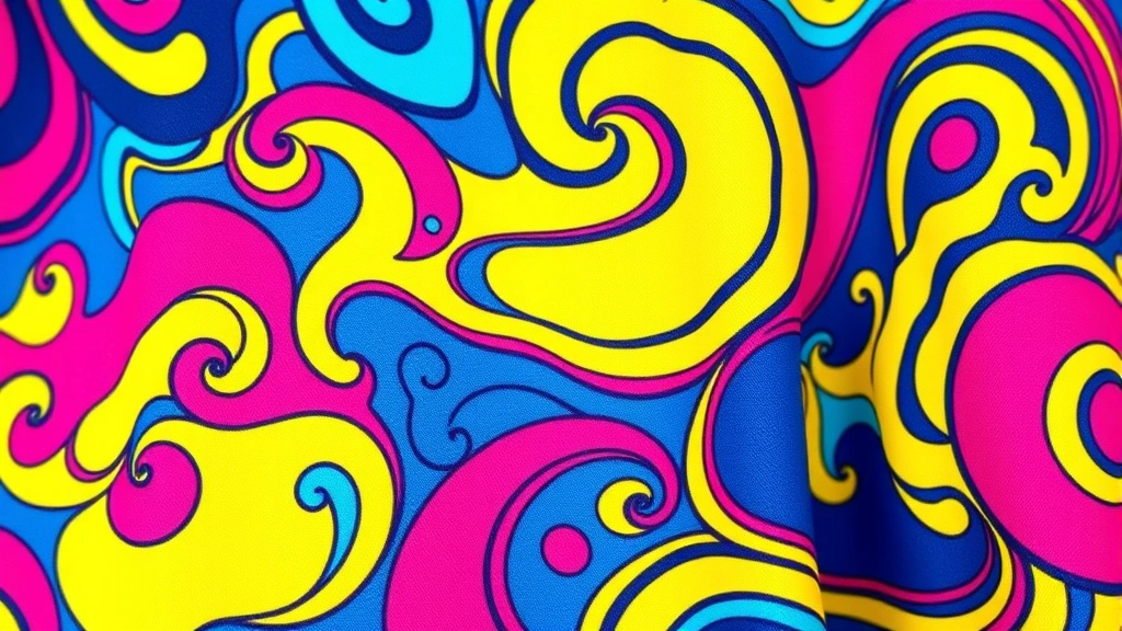 Close-up of vibrant psychedelic patterned 60s mini dress fabric showing swirling abstract designs in electric blue, hot pink, and yellow tones