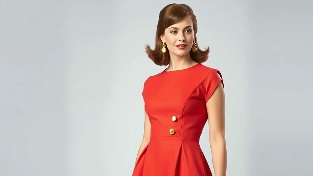 Fashionable woman modeling a classic 1960s A-line dress in solid color with mod aesthetic, paired with period-appropriate accessories and styled hair
