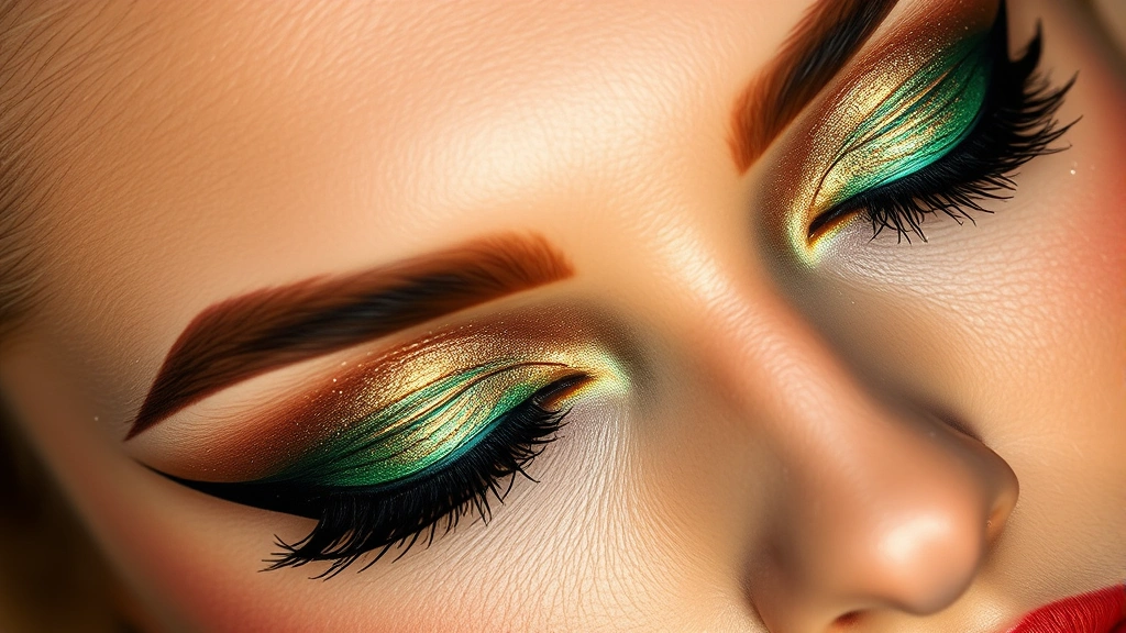 Close-up of a woman's face with shimmering emerald green and gold eyeshadow, dramatic winged black eyeliner, luminous dewy skin with highlighter on cheekbones, and warm bronze blush, disco-inspired makeup look