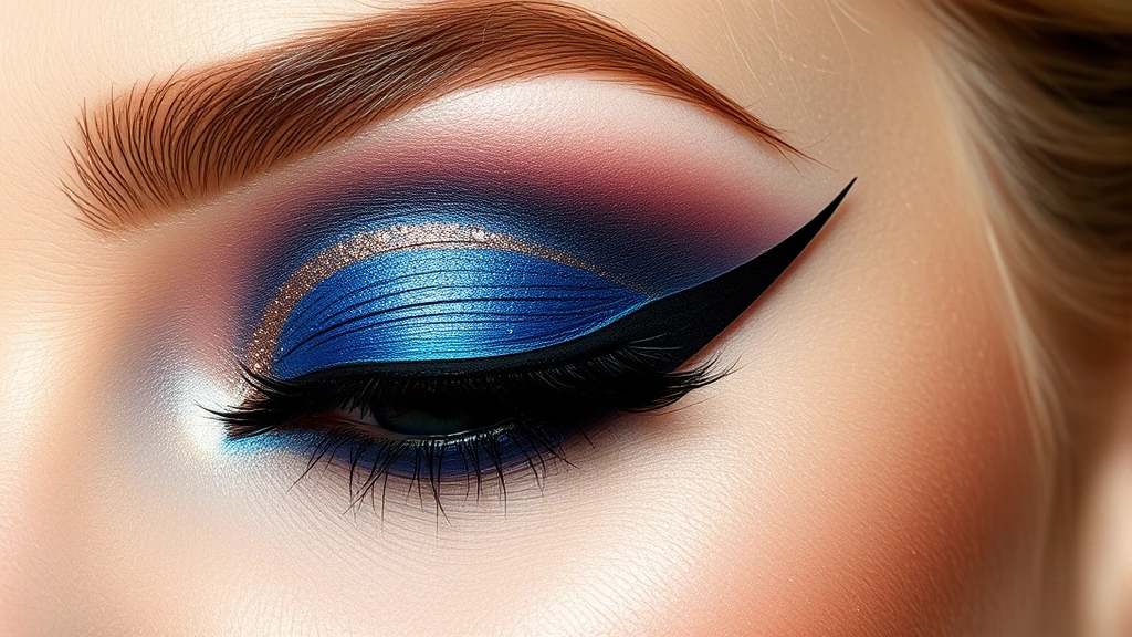 Detailed shot of expertly applied disco eye makeup featuring sapphire blue metallic eyeshadow on the lid, bronze in the crease, bright shimmer on inner corner, and bold black winged eyeliner with thick dramatic wing