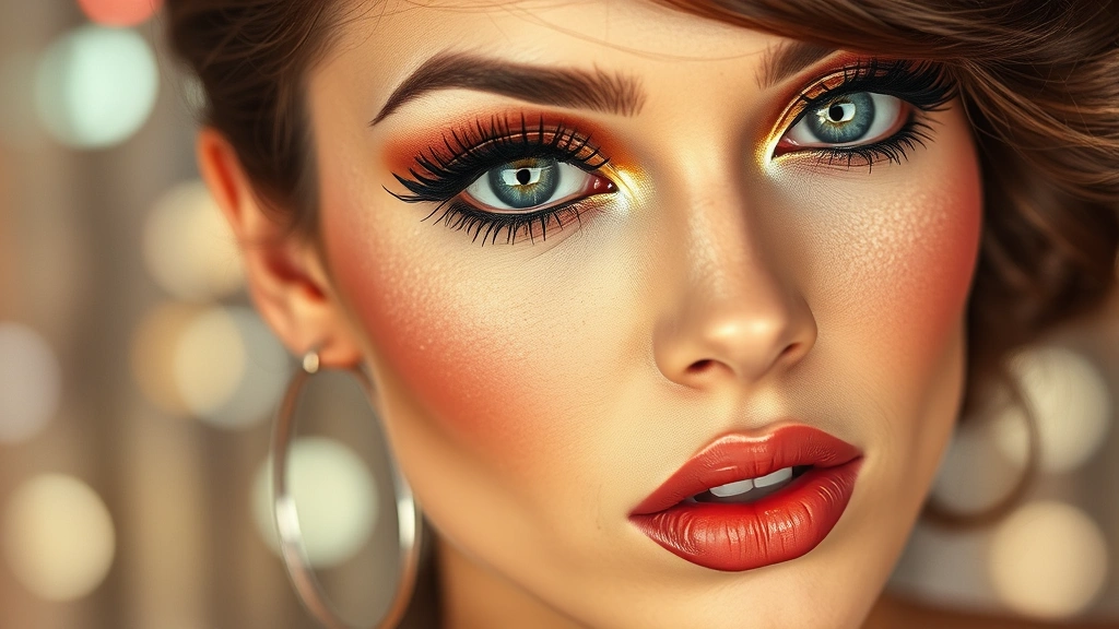 Full face disco makeup portrait showing a woman with complete 70s look: jewel-tone eyeshadow with shimmer, graphic winged eyeliner, glowing luminous skin with highlighter, warm peach blush, and glossy nude-bronze lips