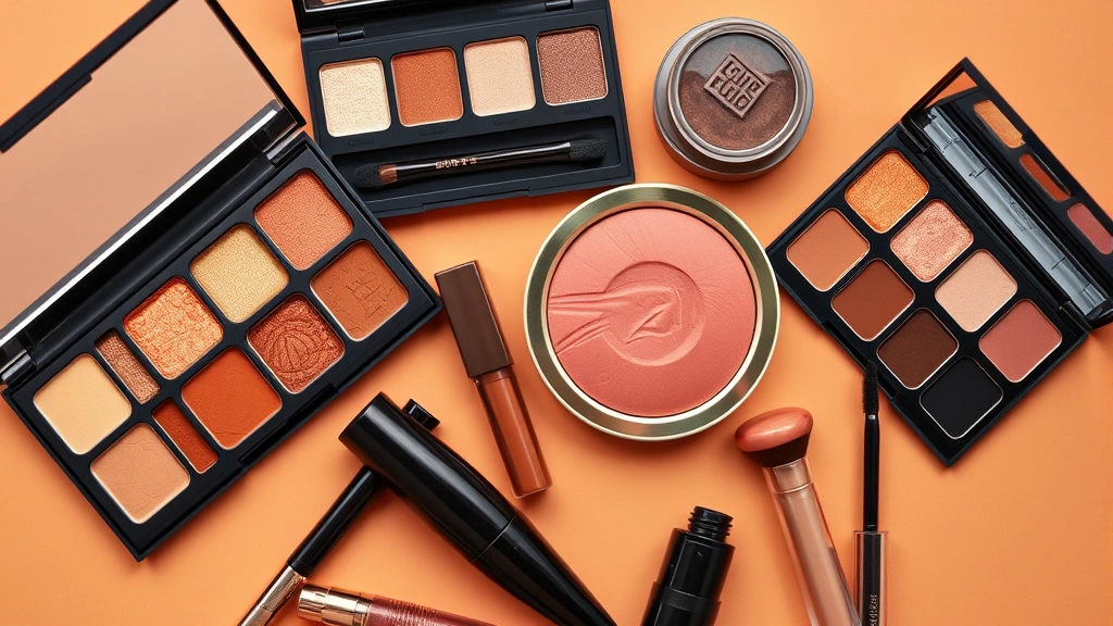 Flat lay arrangement of vintage-inspired makeup products including warm-toned eyeshadow palettes in burnt orange and gold, cream blush in coral, brown mascara, and glossy lip products against a warm-colored backdrop