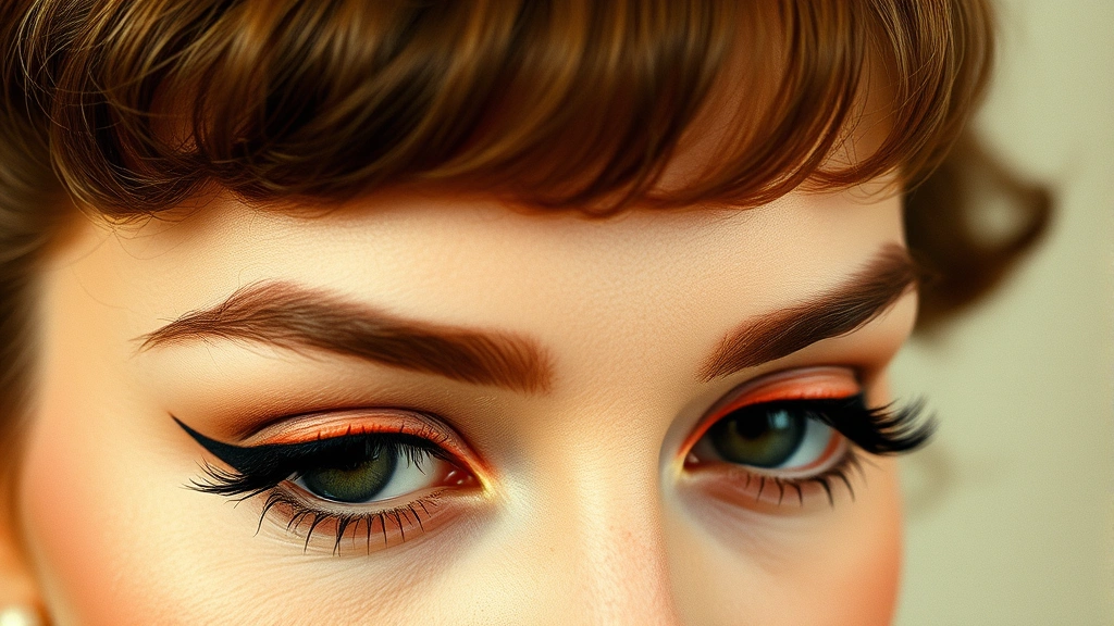 Model demonstrating lower lash line definition with warm brown eyeliner and peachy-toned eyeshadow, showing the characteristic 70s eye makeup with visible color transitions and textured application