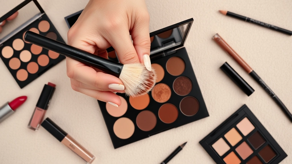 Flatlay overhead view of a makeup artist's hand holding a fluffy blending brush over a dark brown eyeshadow palette, with various makeup products scattered including berry lipsticks, nude lip glosses, and black eyeliner pencils on a neutral background