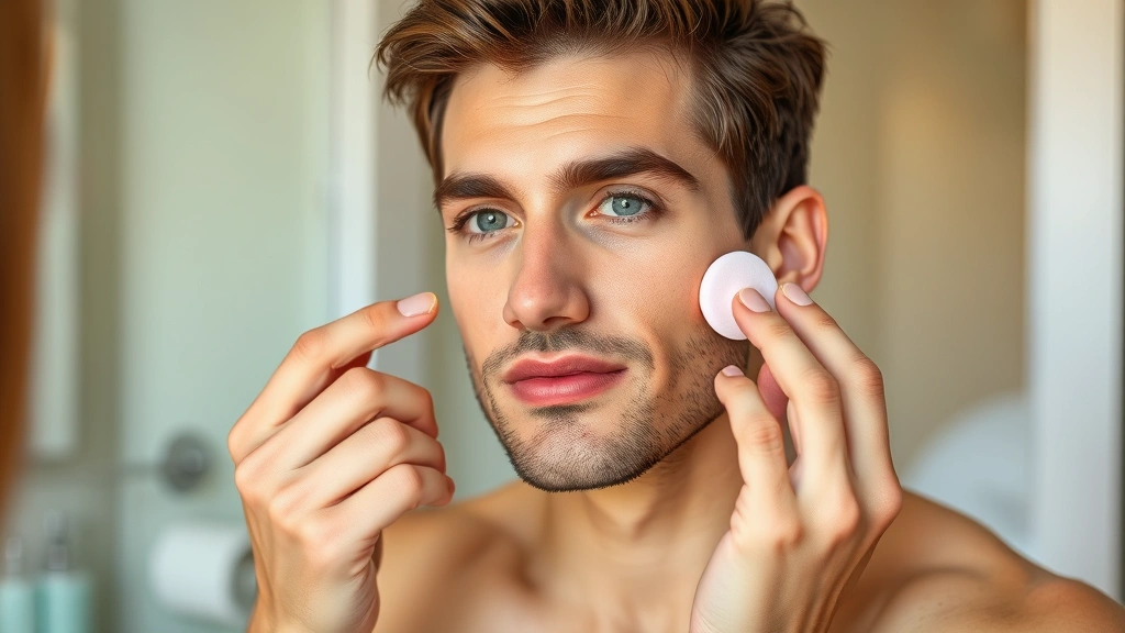 Male model applying foundation with beauty sponge, demonstrating skincare prep and makeup application technique, hands visible, professional makeup artistry, natural bathroom lighting