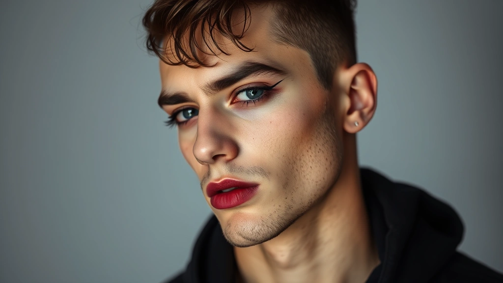Male model wearing complete 90s grunge makeup look with dark eyeliner, concealer, and deep burgundy lip tint, confident expression, professional studio lighting, editorial style