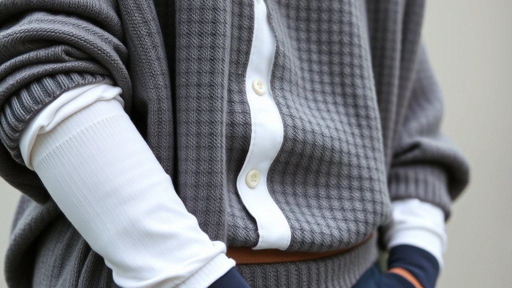 Close-up detail shot of 90s male fashion layering: fitted white shirt under oversized gray sweater with contrasting long-sleeve thermal visible at wrists, showing proper proportion and texture combination