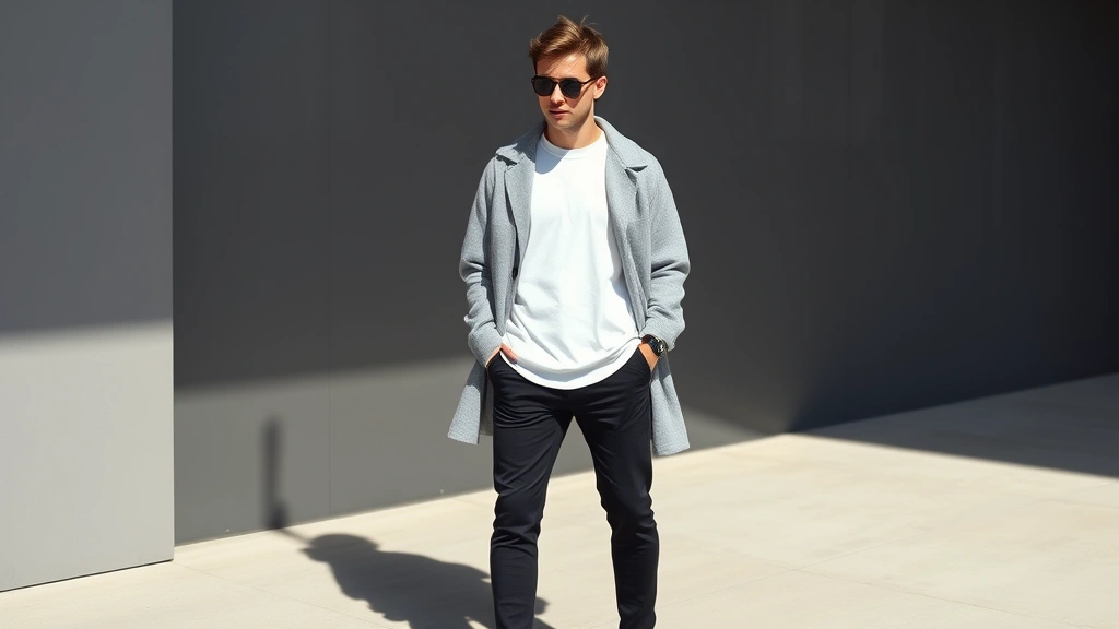 Man styled in minimalist 90s aesthetic wearing perfectly fitted black trousers, clean white oversized t-shirt, simple gray overshirt, and classic white sneakers, photographed in natural daylight with subtle shadow details