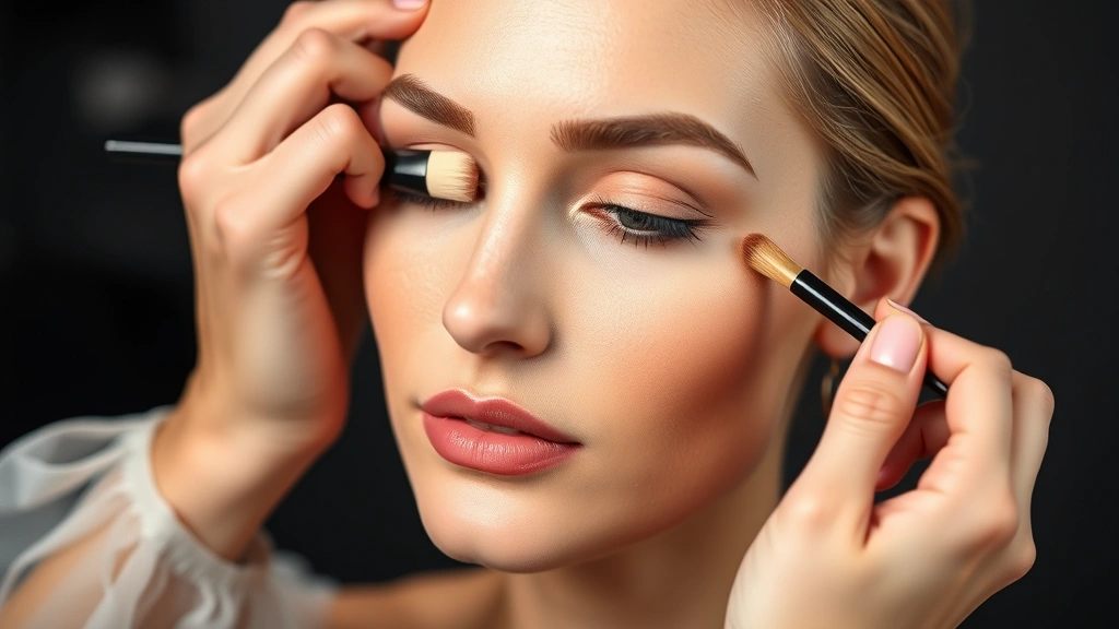 Makeup artist's hands applying peach color-correcting concealer under eyes before full coverage concealer, demonstrating layering technique on fair skin, professional studio lighting