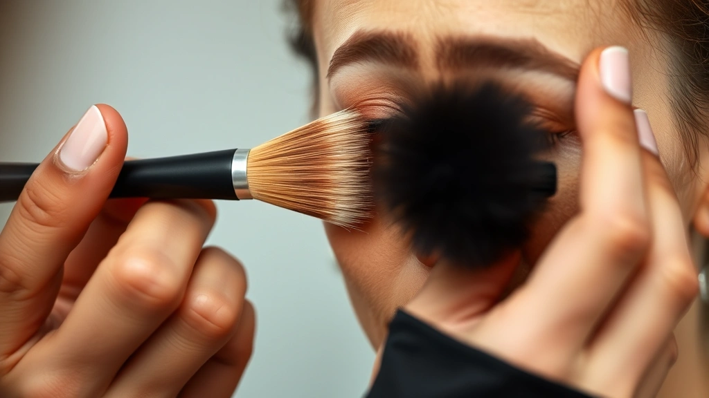 Professional makeup artist using a fluffy blending brush to diffuse warm eyeshadow across a model's eyelid, demonstrating precise color placement and blending technique