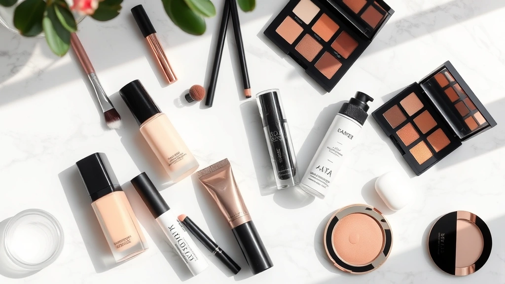 Overhead view of luxury makeup products including foundation, brushes, primers, and eyeshadows arranged artfully on a marble surface with soft natural window lighting