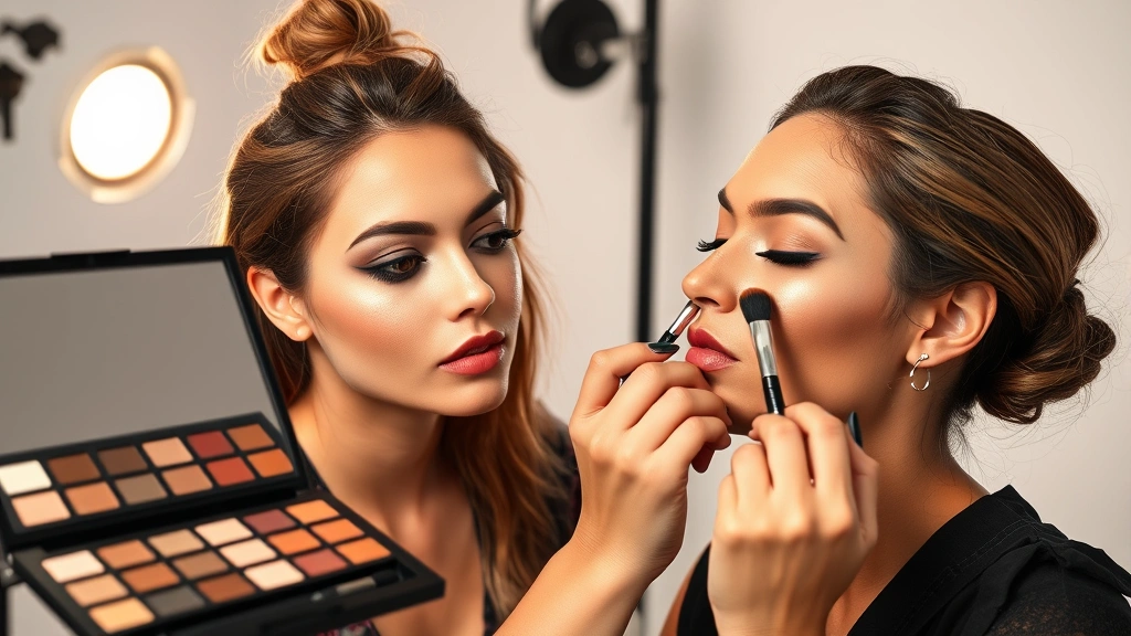 Makeup artist demonstrating eyeshadow blending on diverse skin tone, multiple eyeshadow palettes open, brushes in use, professional lighting studio setting, showing color payoff