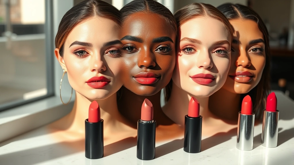 Array of lipstick shades displayed on different skin tones showing undertone matching, warm and cool tones, glossy and matte finishes, natural window lighting, beauty counter aesthetic