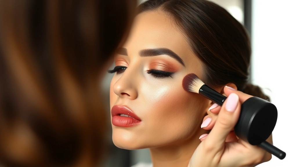 Professional makeup application showing highlighter brush placement on cheekbones in triangle formation, warm bronze and gold tones, detailed technique demonstration with natural skin texture