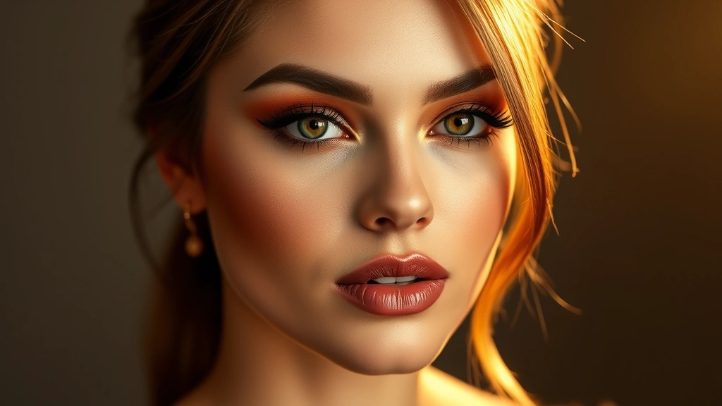 Finished bourbon-inspired makeup look featuring warm brown eyeshadow, nude-brown lipstick, and radiant golden highlight, elegant and sophisticated aesthetic, professional studio lighting