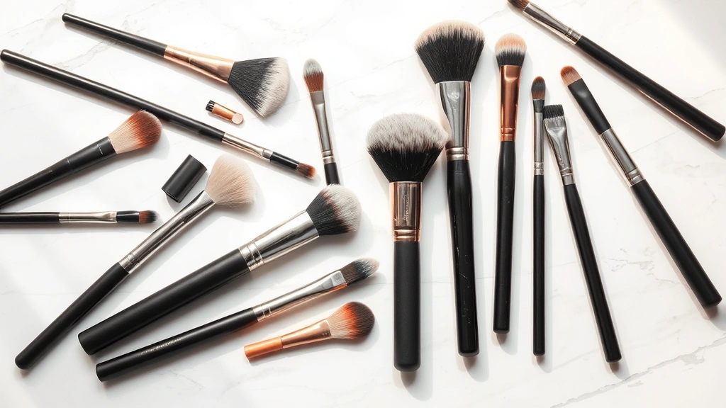 Flat lay collection of premium makeup brushes with different bristle types—natural and synthetic—arranged artistically on white marble surface with soft shadows, showing diversity of brush shapes for contouring, blending, and foundation application