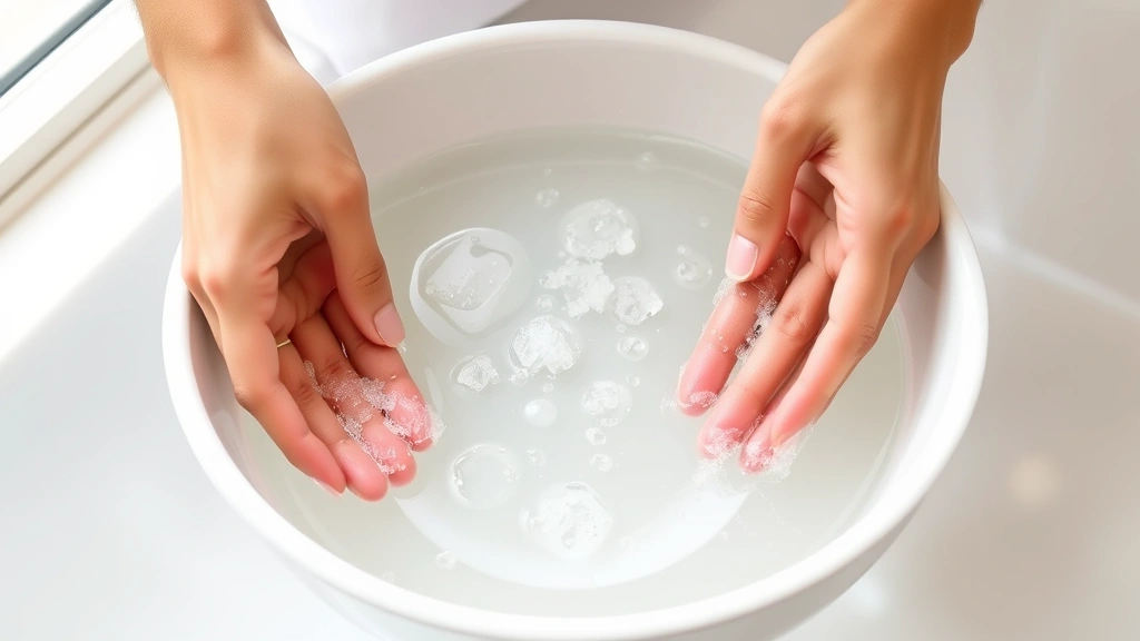 Hands demonstrating proper makeup brush cleaning technique in warm soapy water with brush cleaning mat, showing gentle swirling motion and rinsing process, water droplets visible, professional bathroom or vanity setting with natural window light