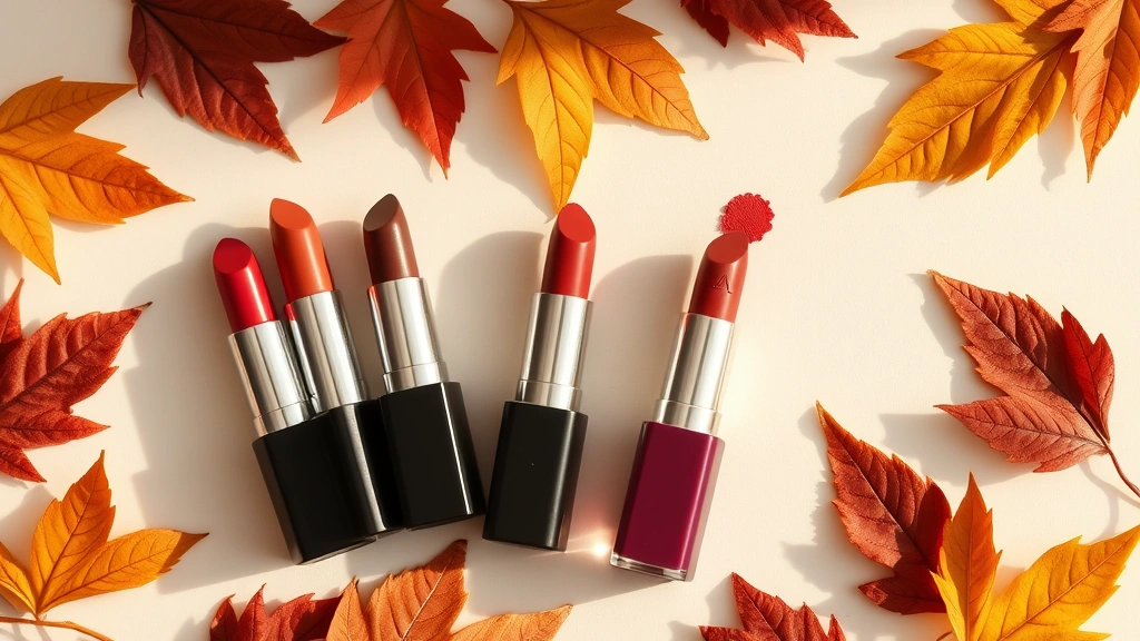 Flat lay arrangement of five fall lipstick shades including terracotta, rust, berry, plum, and warm brown displayed on a cream-colored surface with autumn leaves scattered around them, natural daylight