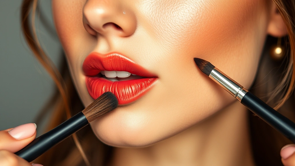 Woman with warm undertones applying terracotta lipstick with a precision brush, showing proper application technique, professional makeup lighting, close-up detail of lip application