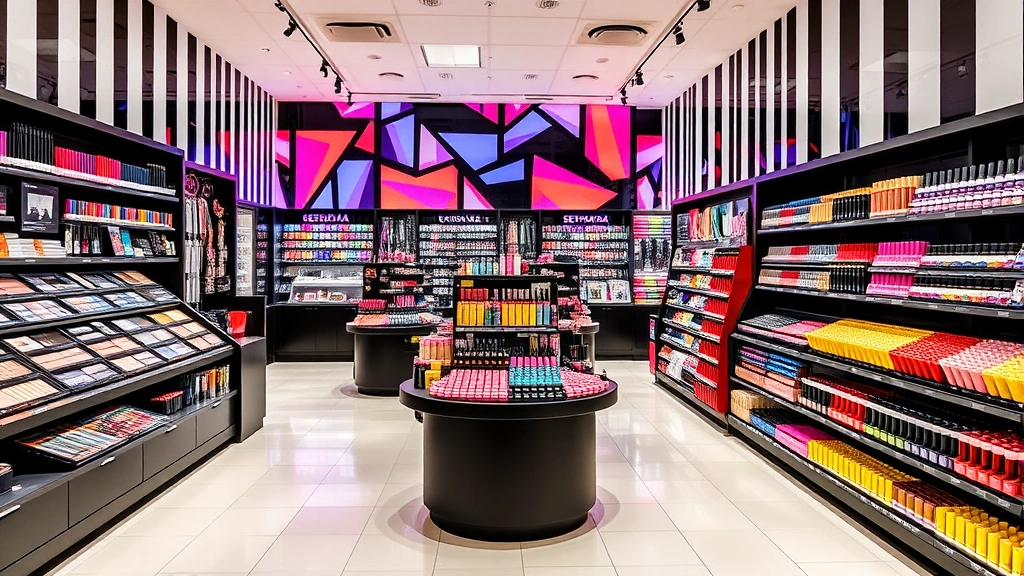 Vibrant Sephora beauty store interior with colorful makeup palettes, lipstick displays, and beauty products organized by category