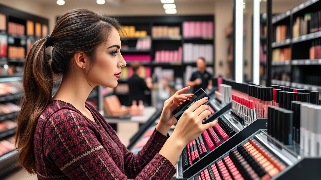 Woman swatching eyeshadow and lipstick colors at makeup store counter with professional lighting and organized cosmetics displays