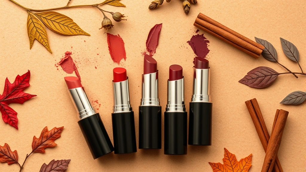 Flat lay arrangement of five different fall lipstick shades in terracotta, rust, plum, burgundy, and wine tones on a warm neutral surface with dried leaves and cinnamon sticks