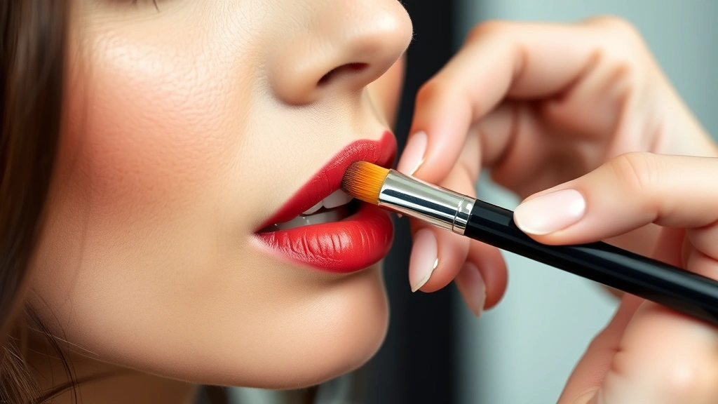 Professional makeup artist applying warm rust-toned lipstick to a model's lips using a precision brush, showing proper application technique with sharp focus on the lips and brush