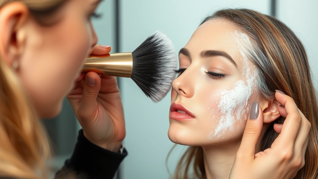 Professional makeup artist using a fluffy brush to set foundation with mattifying powder on a model with oily skin, focusing on T-zone application