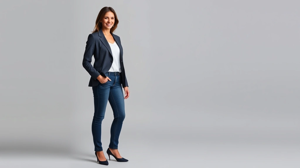 Full-body shot of woman wearing tailored blazer and well-fitting jeans, standing with perfect posture, accessories visible, neutral color palette, professional confidence radiating, studio lighting