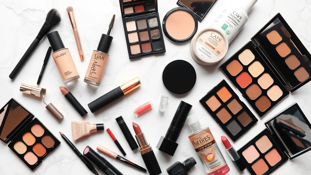 Overhead flat lay of beauty essentials including makeup brushes, foundation, eyeshadow palettes, lipstick, and skincare products arranged artfully on marble surface, professional beauty photography
