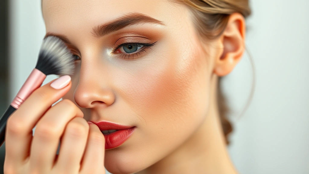 Beauty shot of flawless complexion with subtle bronzer and blush application creating dimension on fair skin, dewy luminous finish, professional makeup artist application