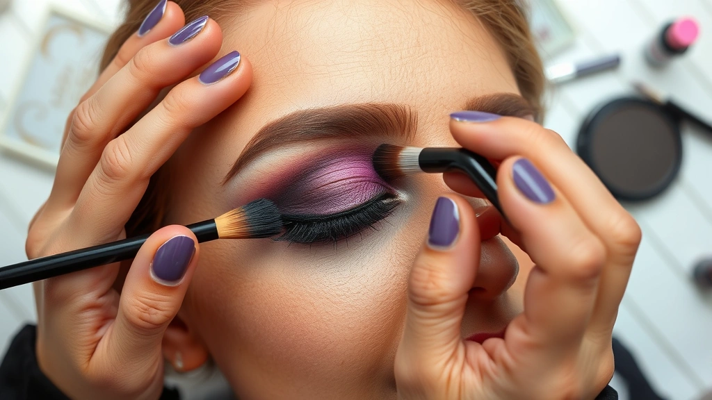 Overhead view of emo makeup artist applying deep purple and black eyeshadow with brushes on model's eyelid, natural lighting, cosmetic products visible but no text