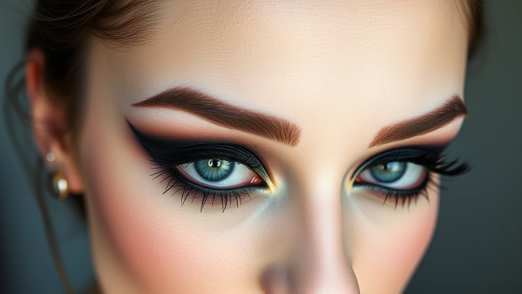 Portrait of person with complete emo makeup: heavy black eyeliner, blended dark eyeshadow, defined eyebrows, pale base, artistic eye makeup focus, professional beauty photography