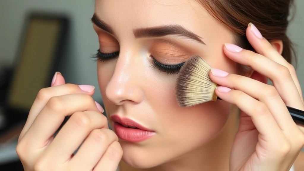 Woman applying layered eyeshadow using fluffy blending brush, showing multiple warm-toned eyeshadow shades being blended together, hands and makeup visible, natural daylight