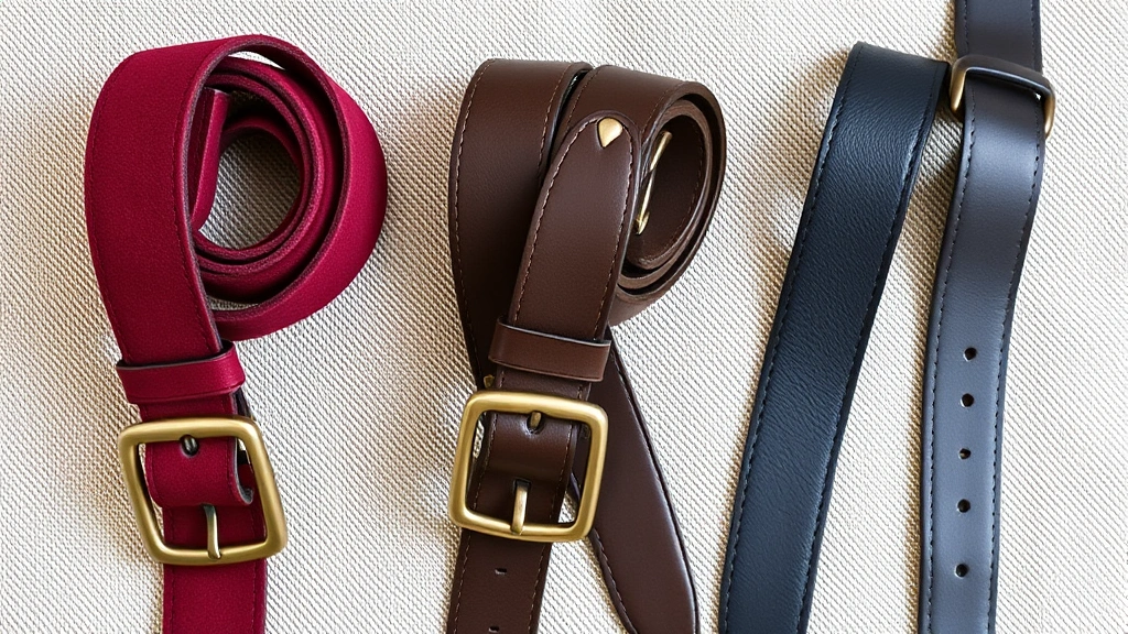 Flat lay arrangement of three retro belt styles in different colors: burgundy suede, deep brown leather, and charcoal leather, each with vintage-style buckles, arranged on neutral fabric surface with natural lighting