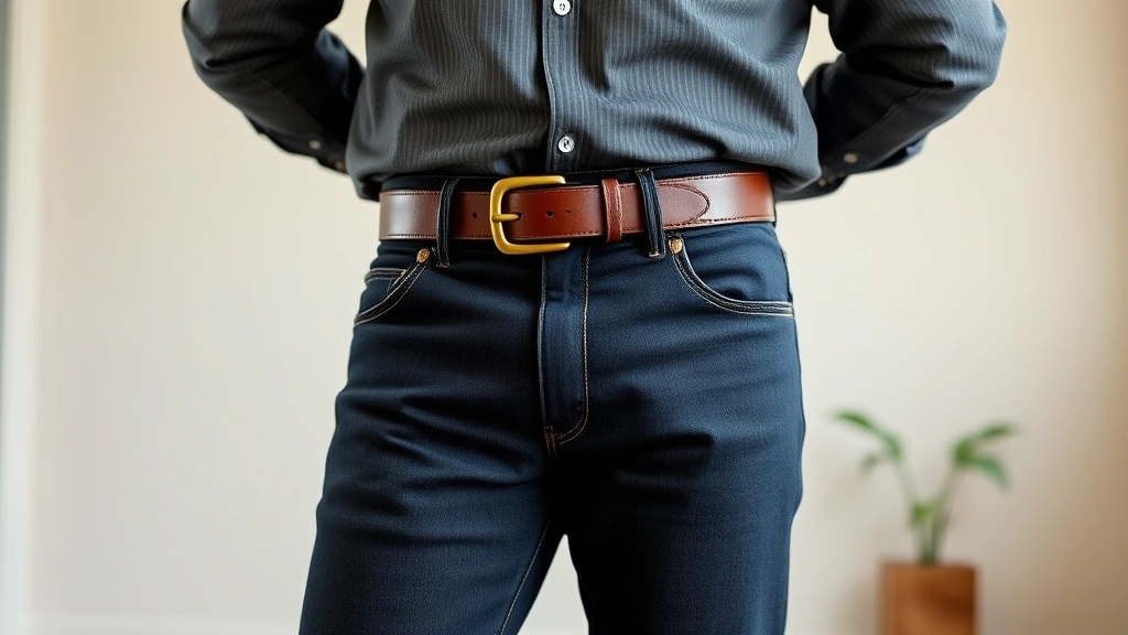 Full-body shot of a larger-framed man wearing dark jeans and a fitted shirt with a statement retro belt featuring a bold buckle, confident posture, natural indoor lighting, showcasing proportion and styling balance