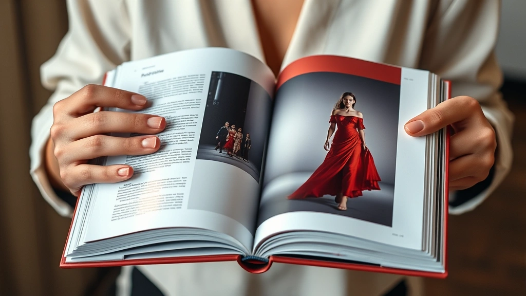 Close-up shot of hands holding open a beautiful fashion coffee table book showing a vibrant runway photograph, with warm studio lighting highlighting the glossy pages and detailed fashion illustrations