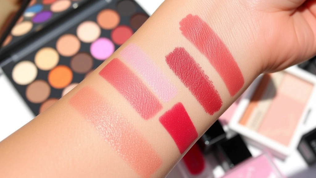 Close-up of hands swatching multiple vibrant eyeshadow palettes and liquid lipsticks from beauty box products on arm, showing diverse makeup colors and textures in natural daylight