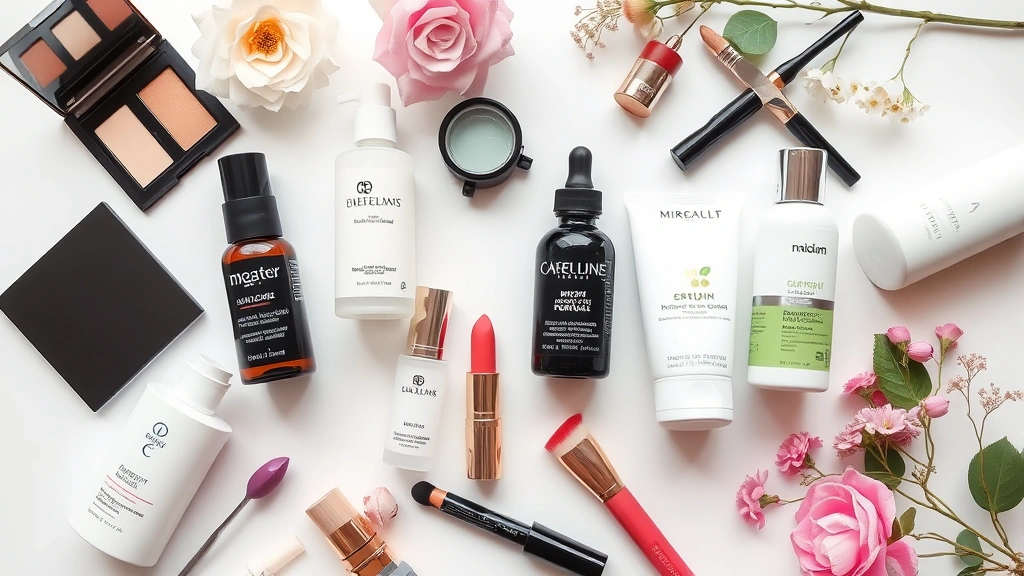 Styled beauty flat lay featuring full-size and deluxe skincare bottles, makeup brushes, lipsticks, and serums from various beauty brands arranged with decorative elements on white background