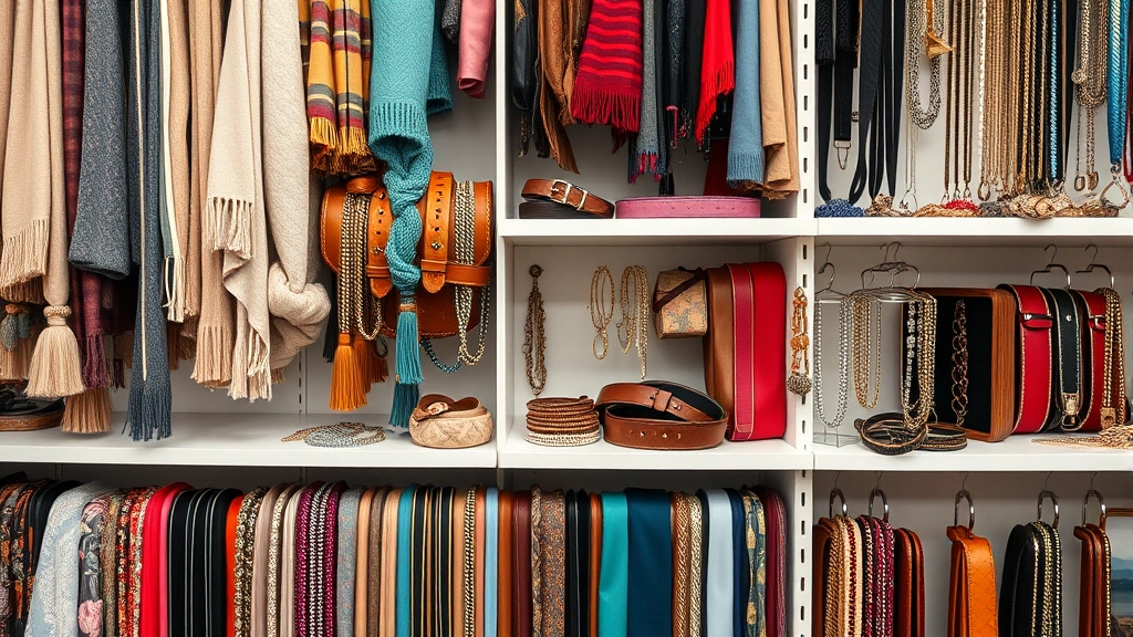 Close-up of curated accessories display including scarves, belts, and jewelry organized by color and style on white shelving, thrift store setting with professional presentation