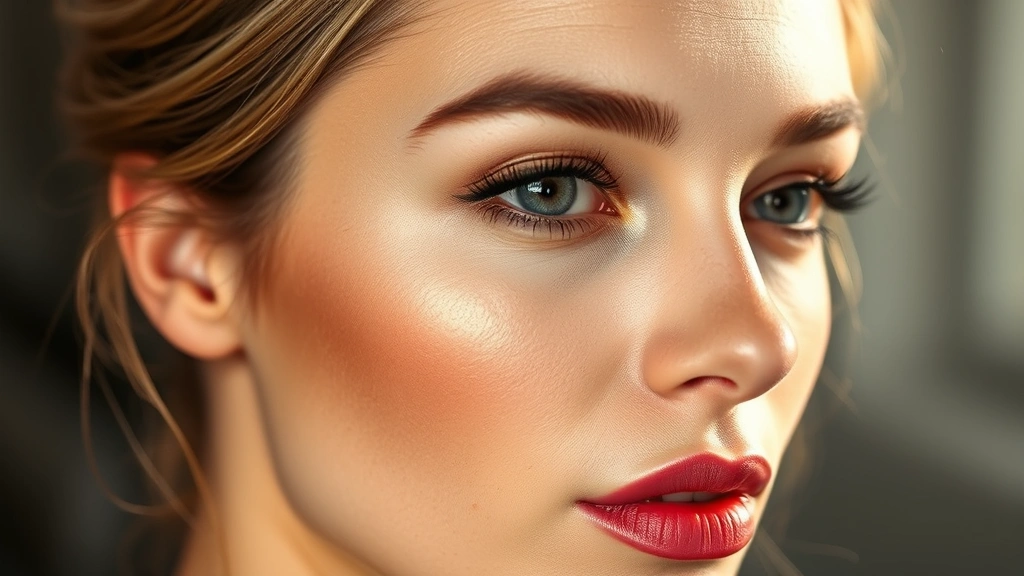 Woman with expertly contoured face showing subtle dimension, natural-looking highlighter on cheekbones and brow bone, professional makeup lighting, demonstrating color theory in warm undertones