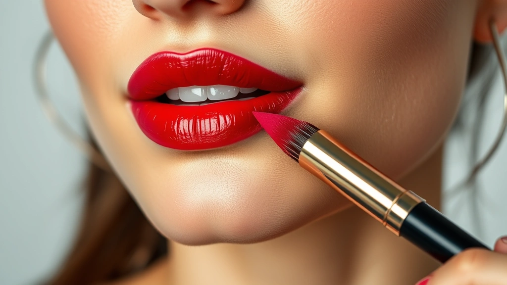 Detailed view of a woman's lips with perfectly applied bold red lipstick using a lip brush, flawless base makeup visible, professional beauty photography setup with soft studio lighting