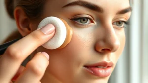 Professional makeup artist applying foundation to oily skin with a damp beauty sponge, close-up of blending technique, natural lighting showing skin texture
