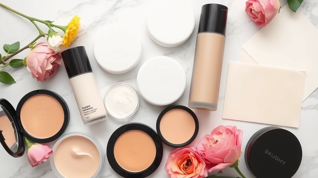 Flat lay of mattifying foundation products, setting powders, silicone primers, and blotting papers arranged on marble surface with fresh flowers