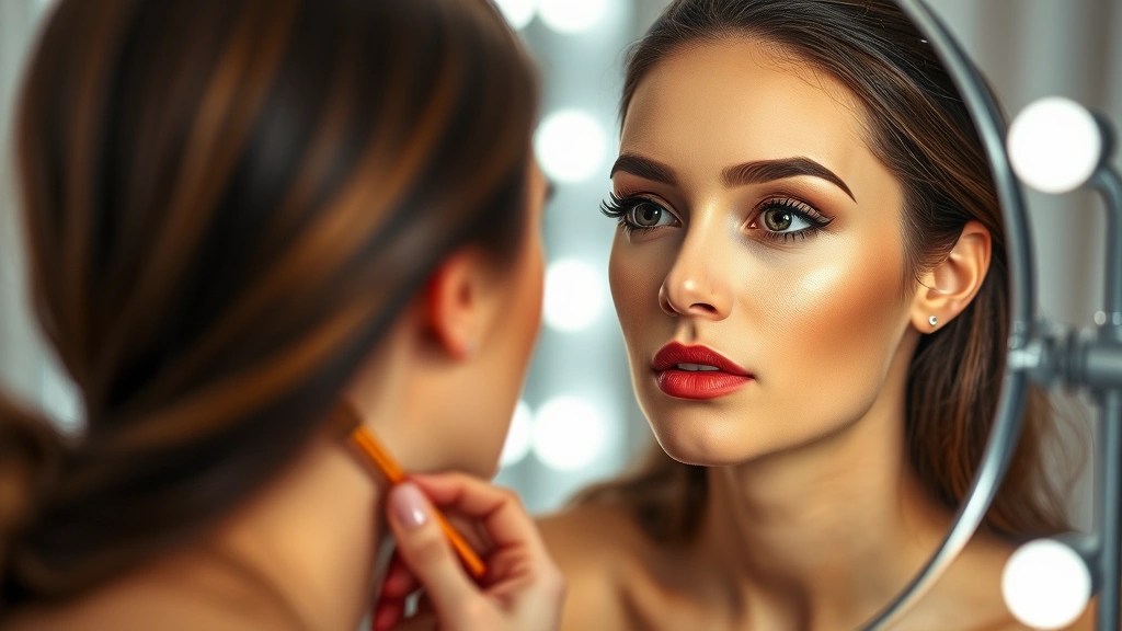 Woman with freshly set makeup looking in mirror, matte complexion without shine, professional lighting highlighting flawless foundation application and skin