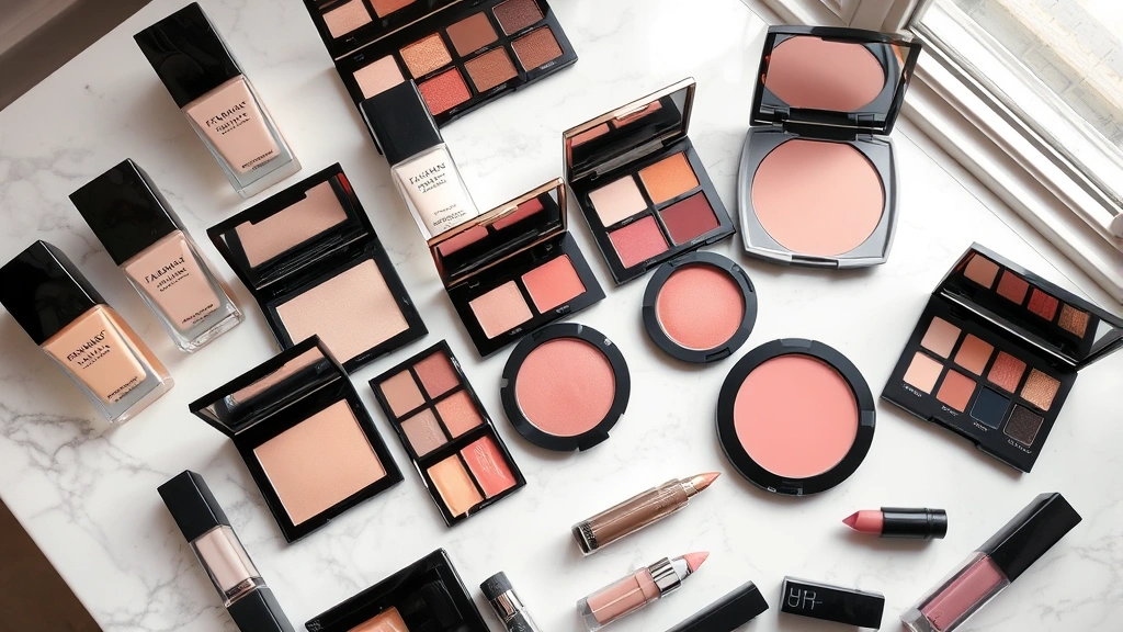 Arranged display of Fashion Fair makeup products including foundation bottles, powder compacts, eyeshadow palettes, and lip colors in various shades, organized by product type, shot from above on a marble surface with soft natural window light