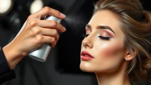 Close-up of a professional makeup artist applying fine mist setting spray over a completed full face makeup look with foundation, blush, eyeshadow, and lipstick in a studio lighting setup
